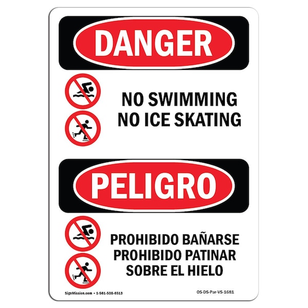 Safety Sign, OSHA Danger, 5" Height, No Swimming No Ice Skating Bilingual Spanish, 10PK